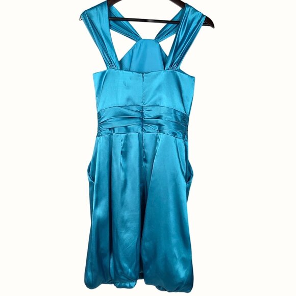 David's Bridal 84177 Y Neck Charmeuse Teal Blue Satin Bubble Hem Dress Size 2 - Picture 2 of 6